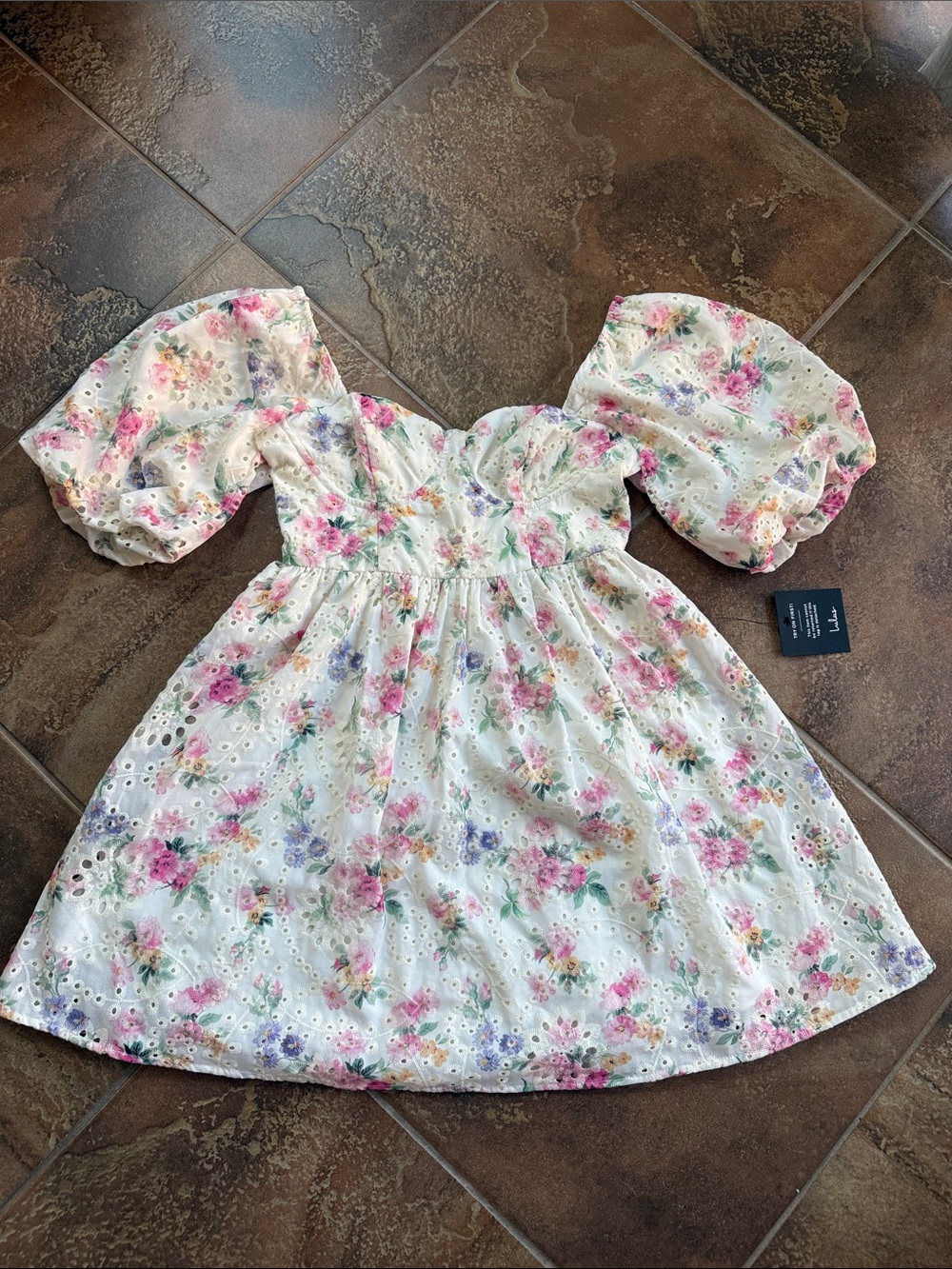 LuLus, White Floral Eyelet Puff-Sleeve Dress